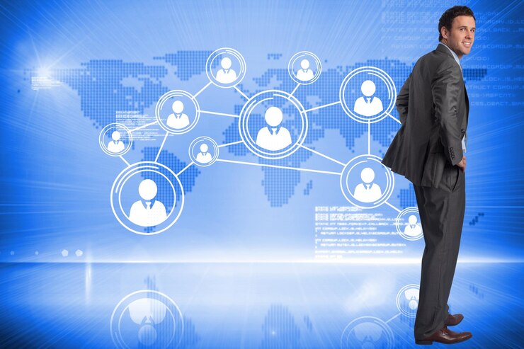 फोटो smiling businessman with hands on hips against futuristic technology interface