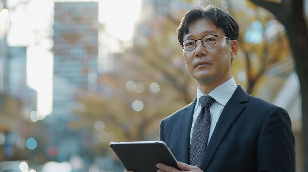 사진 도시 녹색 공간 에서 태블릿 을 들고 미소 짓는 사업가