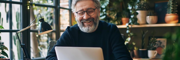 Smiling Businessman Working on Laptop in Modern Office