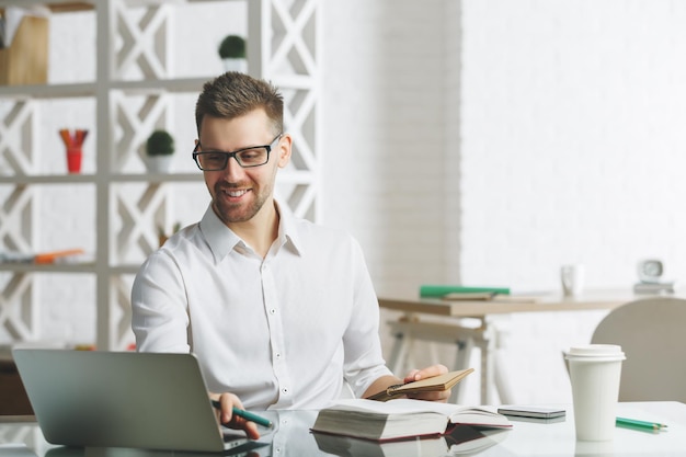 Smiling businessman working on project