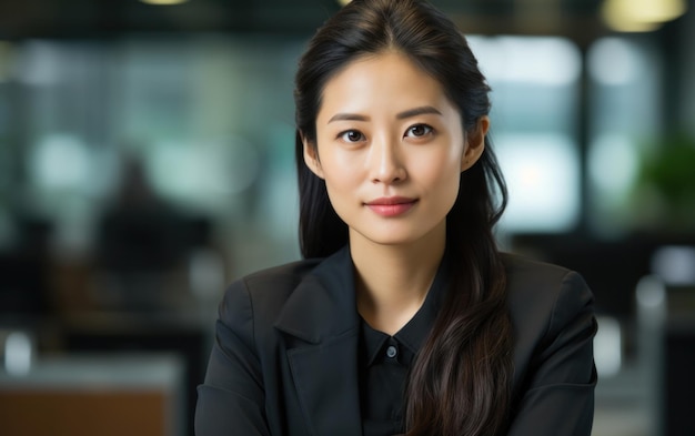 Smiling businesswoman asian seated at office workstation