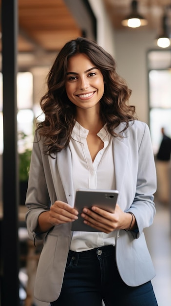 Smiling businesswoman in casual attire using tablet and standing in office