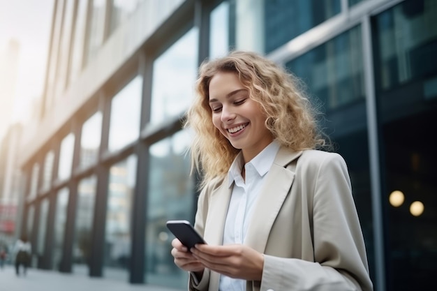 Smiling businesswoman in fashion clothes using a smartphone commuting to work in city AI Generated