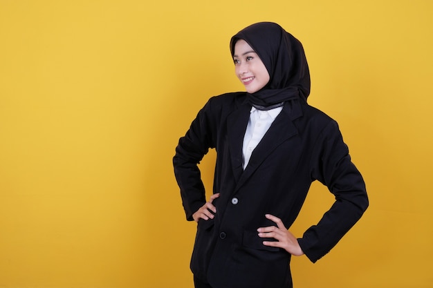 Smiling businesswoman female office worker in black suit