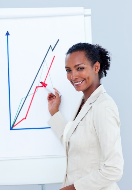 Photo smiling businesswoman giving a presentation