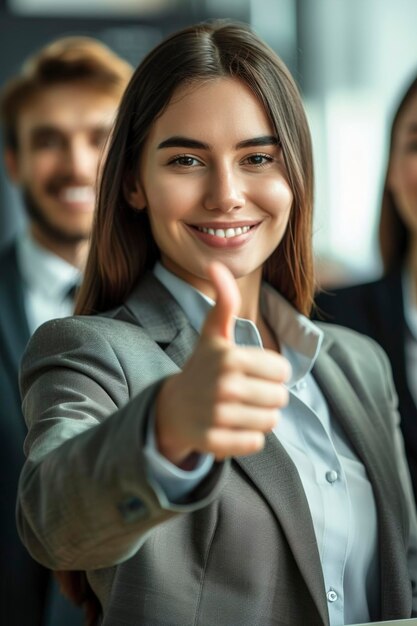 Photo smiling businesswoman showing thumbs up