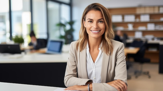 Smiling businesswoman standing against office background
