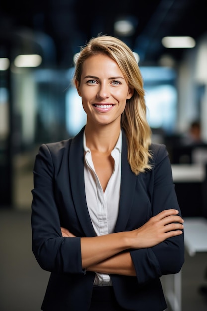 A smiling businesswoman standing in front of a camera with her arms crossed in a modern office