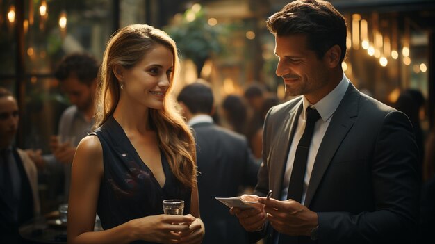 smiling businesswoman in suit with her friends at night