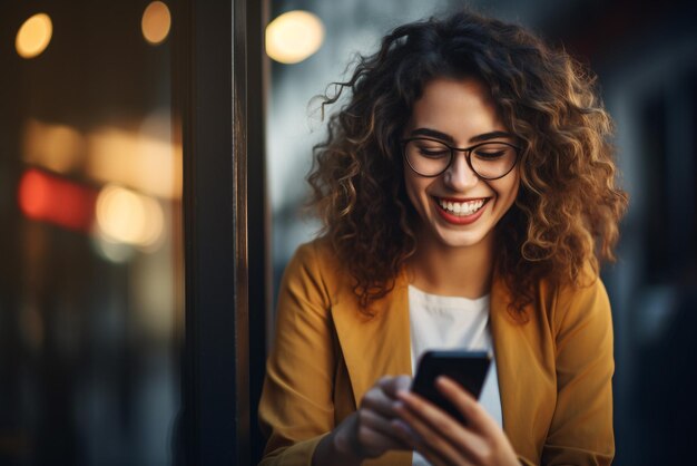 Foto donna d'affari sorridente che usa il telefono cellulare in città di notte