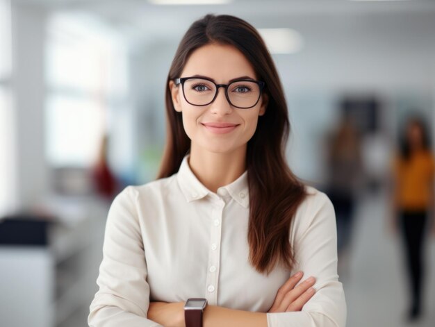 Smiling businesswoman with glasses arms crossed