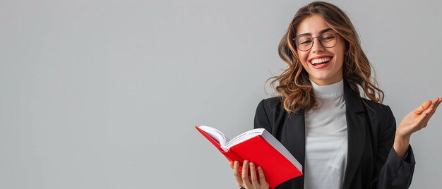 Photo smiling businesswoman with open book