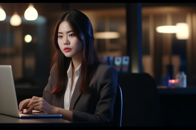 Улыбающаяся деловая женщина, работающая на ноутбуке ночью в офисе