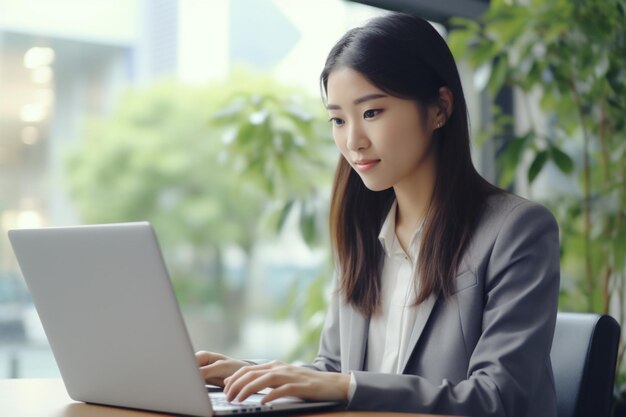 노트북 을 들고 사무실 책상 에서 일 하는 미소 짓는 사업가