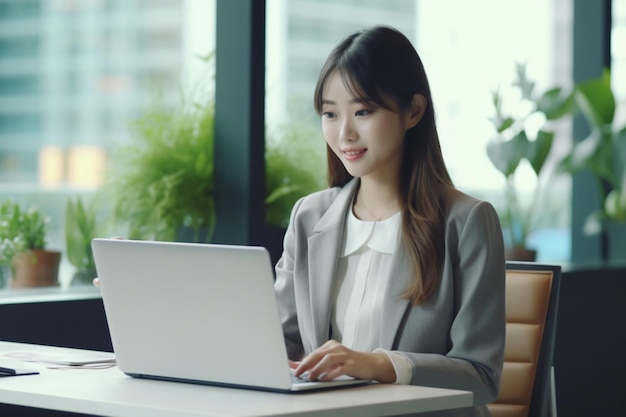 Smiling Businesswoman Working at Office Desk with Laptop