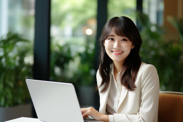 Smiling Businesswoman Working at Office Desk with Laptop