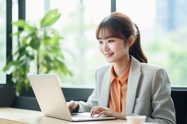 Smiling Businesswoman Working at Office Desk with Laptop