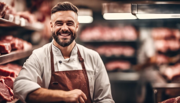 Smiling butcher in apron at meat shop