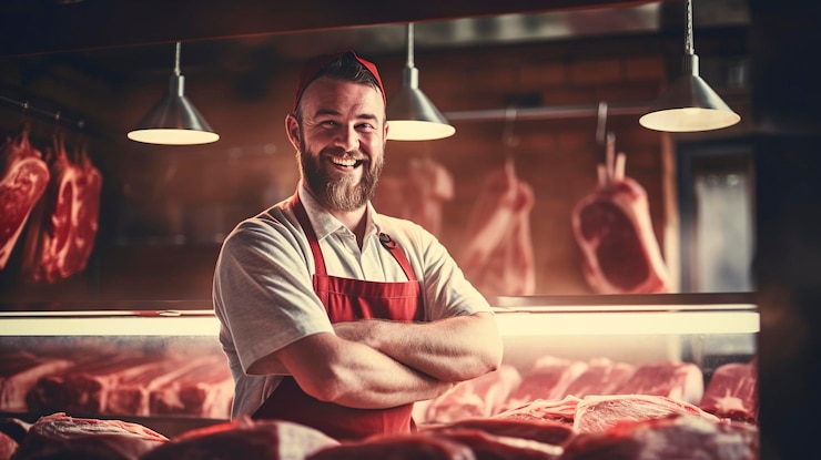 Photo smiling butcher sells fresh meat in the sunlight of the shop