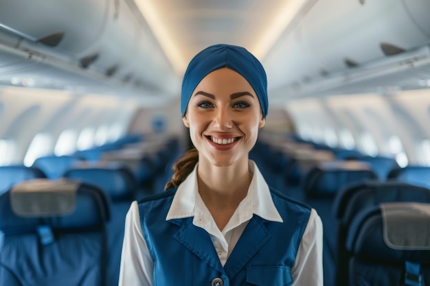 Foto un assistente di volo di cabina sorridente in uniforme in un aereo vuoto