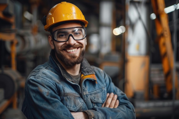 Smiling carpenter wearing protective workwear in factory
