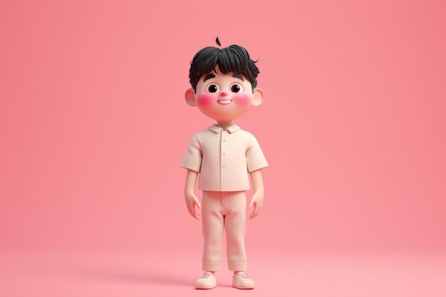 smiling cartoon boy with black hair wearing a pink shirt and blue pants standing against a plain red background