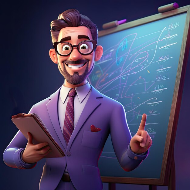 Smiling cartoon Teacher in Front of Blackboard