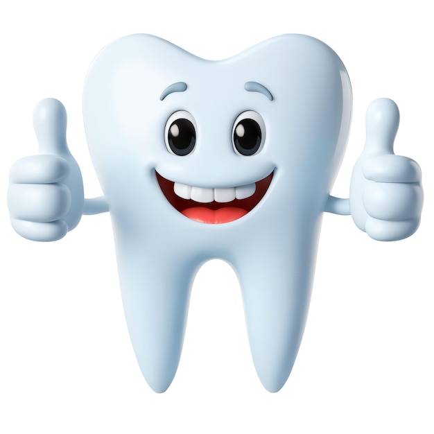 Photo smiling cartoon tooth character showing thumbs up 3d style isolated generative ai