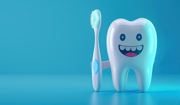 Photo smiling cartoon tooth character with toothbrush on blue background