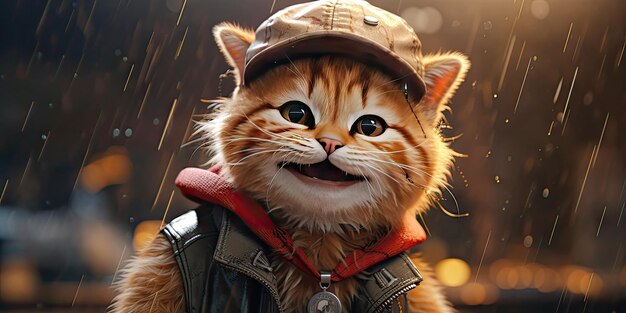 A smiling cat in a baseball cap