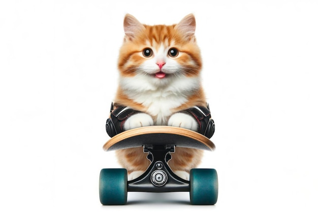 smiling cat on skateboard isolated on solid white background ai generative