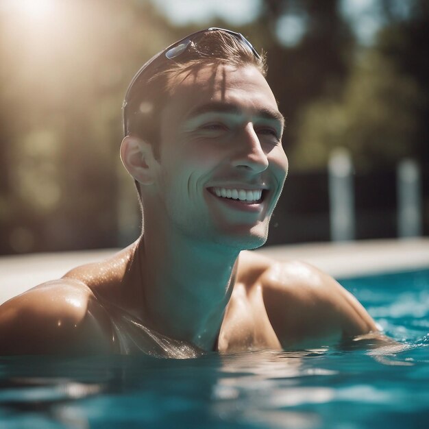 A smiling Caucasian athlete swimming outdoors in a swimming pool generated by AI