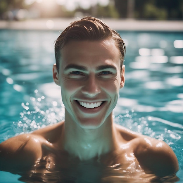 A smiling Caucasian athlete swimming outdoors in a swimming pool generated by AI