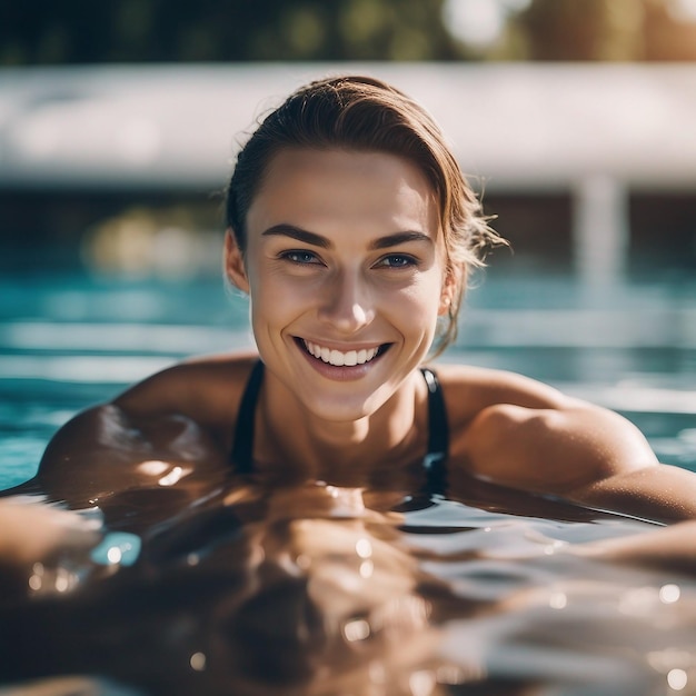 人工知能によって生成されたプールで屋外で泳いでいる笑顔の白人アスリート