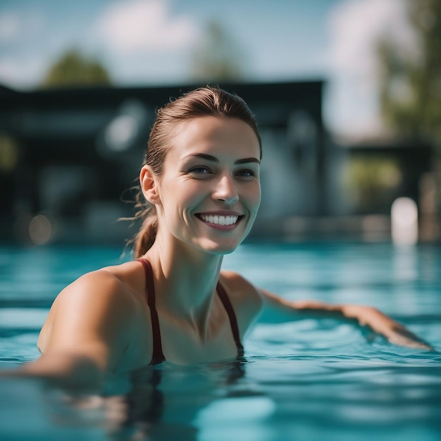 A smiling Caucasian athlete swimming outdoors in a swimming pool generated by AI