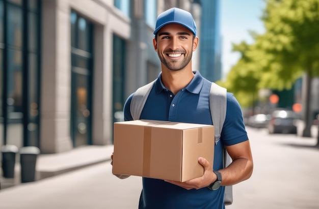 Smiling caucasian delivery man in blue cap holding a cardboard box on city street background