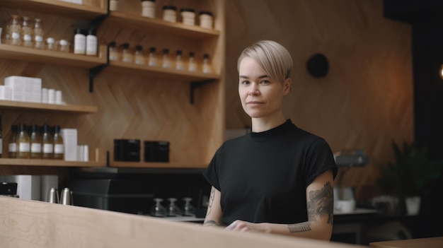 Smiling Caucasian female barista wearing apron standing in coffee shop looking at camera Generative AI AIG21