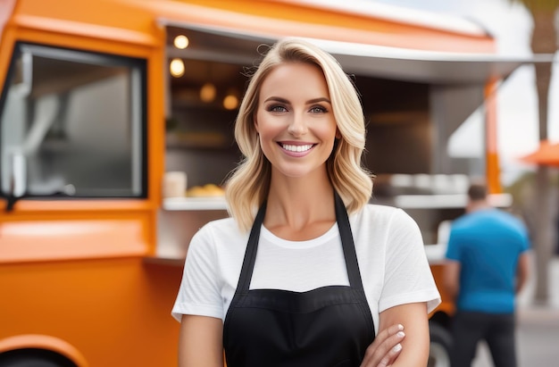 smiling Caucasian female vendor standing in front of food truck outdoors selling fast food