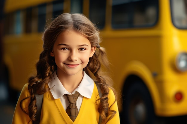 Smiling Caucasian girl in front of a yellow school bus September The beginning of school classes