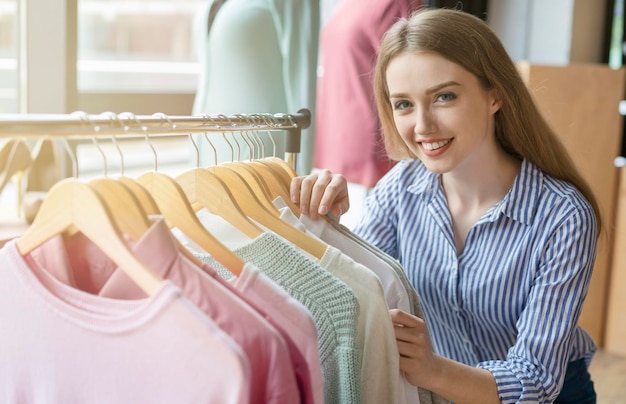 Smiling Caucasian Shopper Checking On Special Proposition At Showroom, empty space