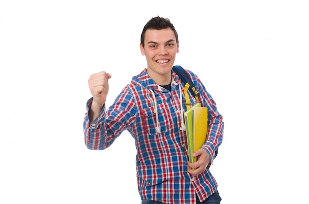 Smiling caucasian student with backpack and books isolated on wh