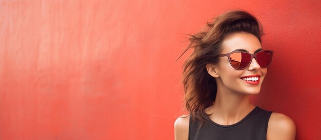 Photo smiling caucasian woman wearing sunglasses against wall awareness and protection concept