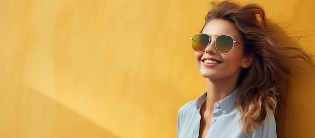 Smiling Caucasian woman wearing sunglasses against wall awareness and protection concept