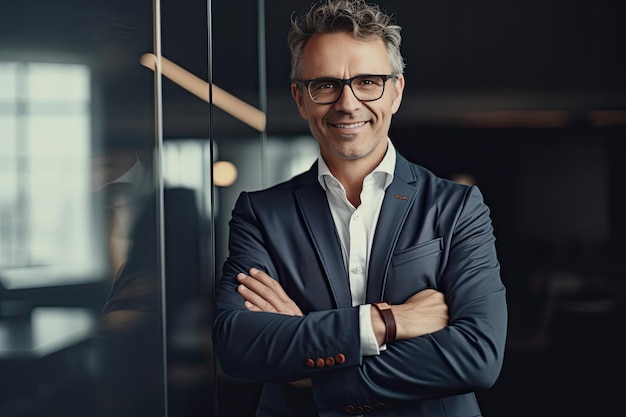 Smiling CEO a contented middleaged man stands in office arms crossed Success embodied Generative AI