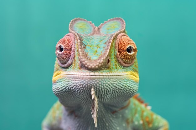 Photo smiling chameleon portrait with a green background