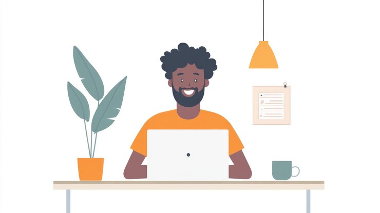Photo smiling character browsing online store on laptop with coffee on solid background