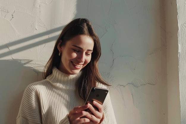 笑顔で魅力的な茶色の女性は携帯電話を使って幸せなテキストメッセージを送っています近代的な技術に中毒です