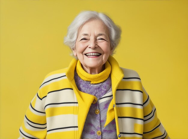 Smiling and cheerful elder woman in yellow striped jacket on an isolated background Generative AI