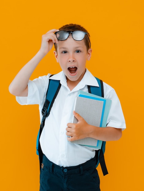 Scolaro allegro sorridente su sfondo giallo. un bambino con uno zaino, libri e quaderni. il ragazzo è pronto per studiare. di nuovo a scuola.