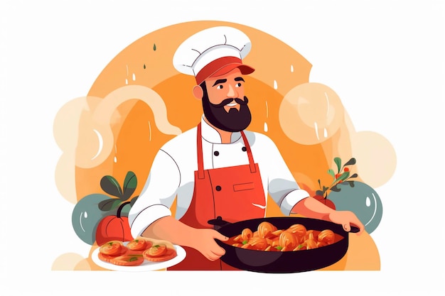 Photo smiling chef cartoon character holding tasty dish